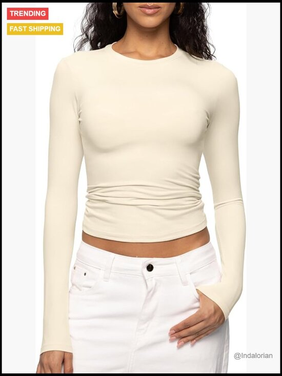Tops - Long Sleeve Crop Top Crew Neck Slim Fit Basic Tee Going Out Casual